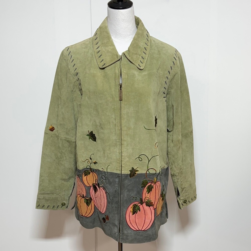 Vintage Quacker Factory Jacket Large Green Leather Halloween Embroidery Full Zip